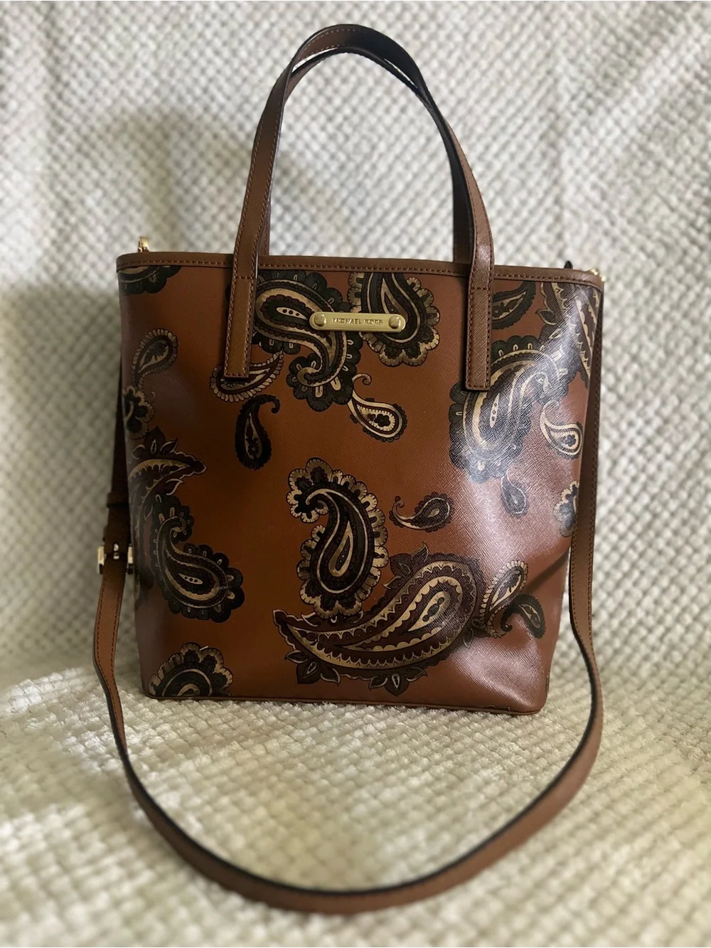 Michael Kors Brown Paisley-Print Tote with Gold Plaque